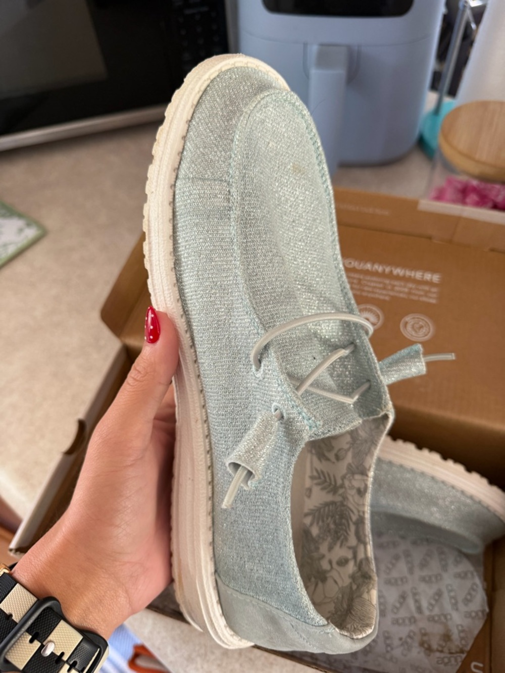 Hey Dude Women's Light Aqua Knit Slip-On Moccasin